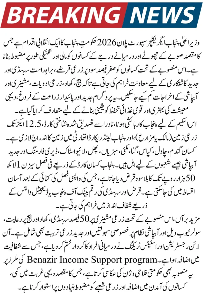 CM Punjab Agriculture Support Plan 2026 – Interest-Free Loans & Subsidy for Small Farmers