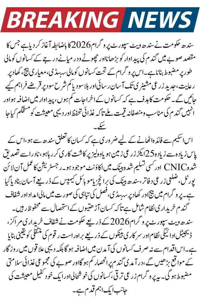 Sindh Wheat Support Program 2026 – Government Announces Subsidy & Procurement Relief for Small Farmers