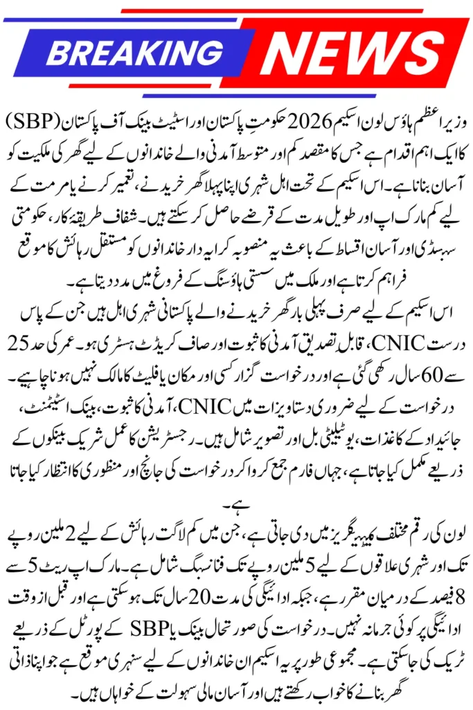 PM House Loan Scheme 2026 Apply Online for Easy Home Financing Through SBP