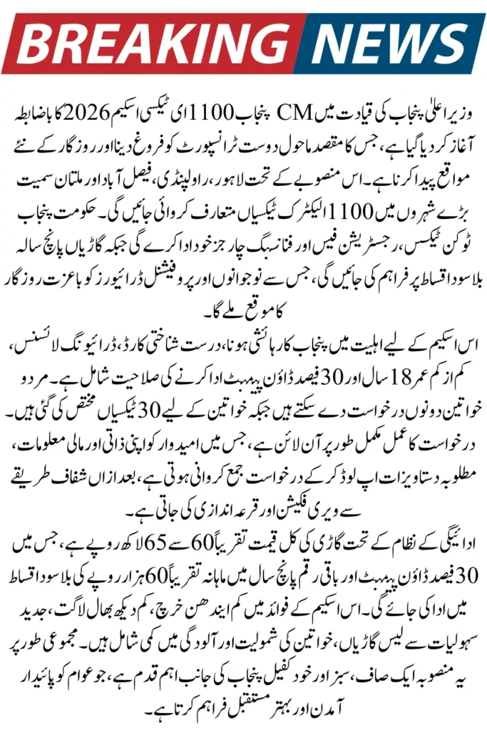 CM Punjab 1100 E-Taxi Scheme 2026 Full Repayment Schedule & Loan Duration Revealed