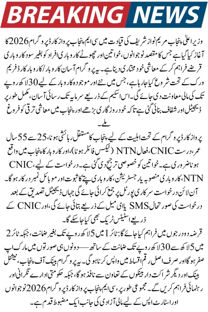 CM Punjab Parwaz Card 2026 – Apply Online for Interest-Free Business Loans & Startup Support