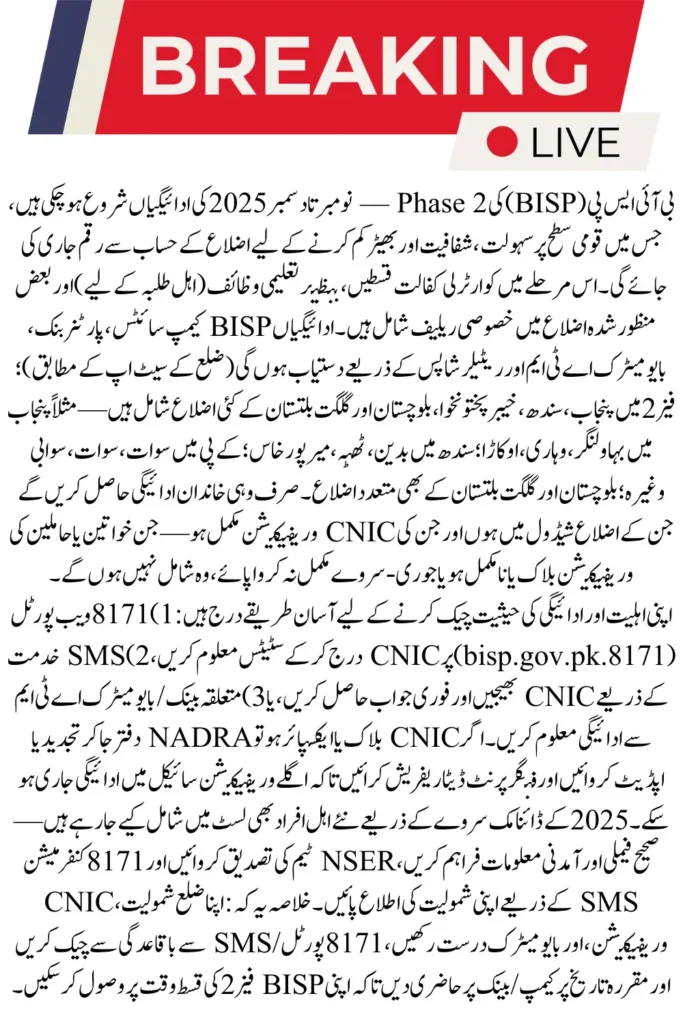 BISP Payment Phase 2 Started November & December, District-Wise Schedule & CNIC Verification