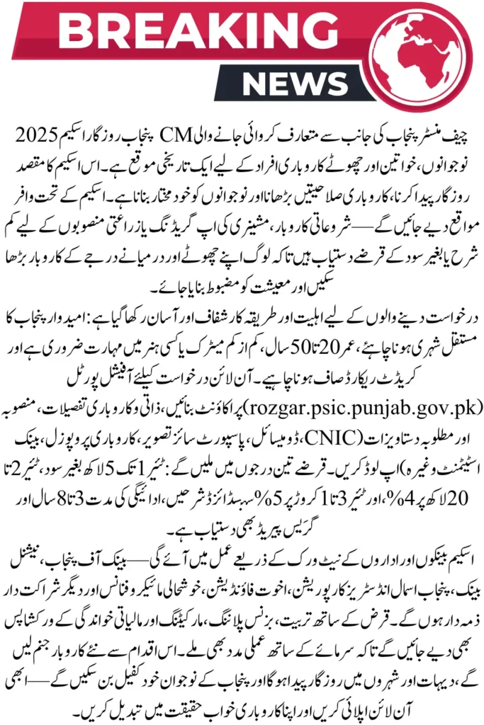CM Punjab Rozgar Scheme 2025 – Apply Online for Interest-Free Business Loans & Job Creation Opportunities