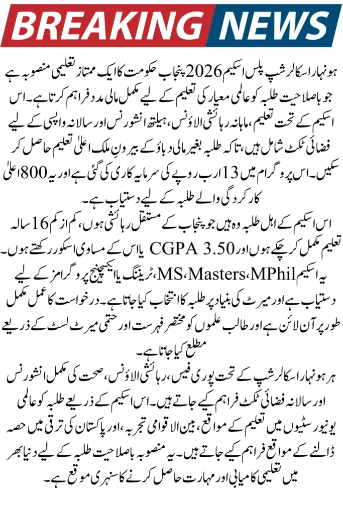 Honhaar Scholarship Plus Scheme 2026 Apply Online for Financial Aid