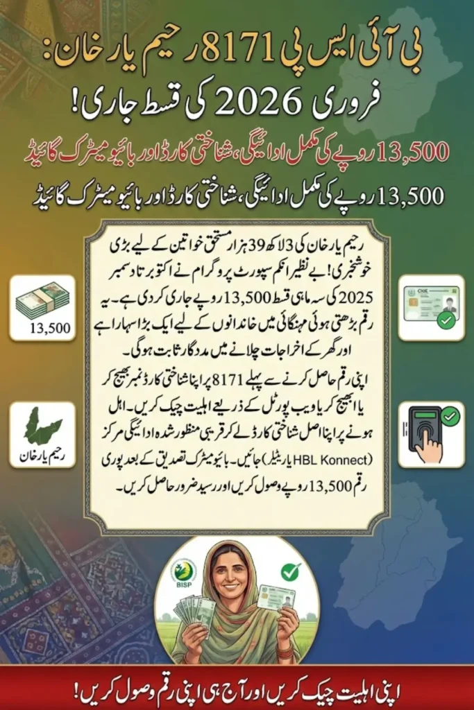 BISP 8171 February 2026 Payment Released in Rahim Yar Khan Rs 13,500 Biometric Collection & CNIC Check Guide