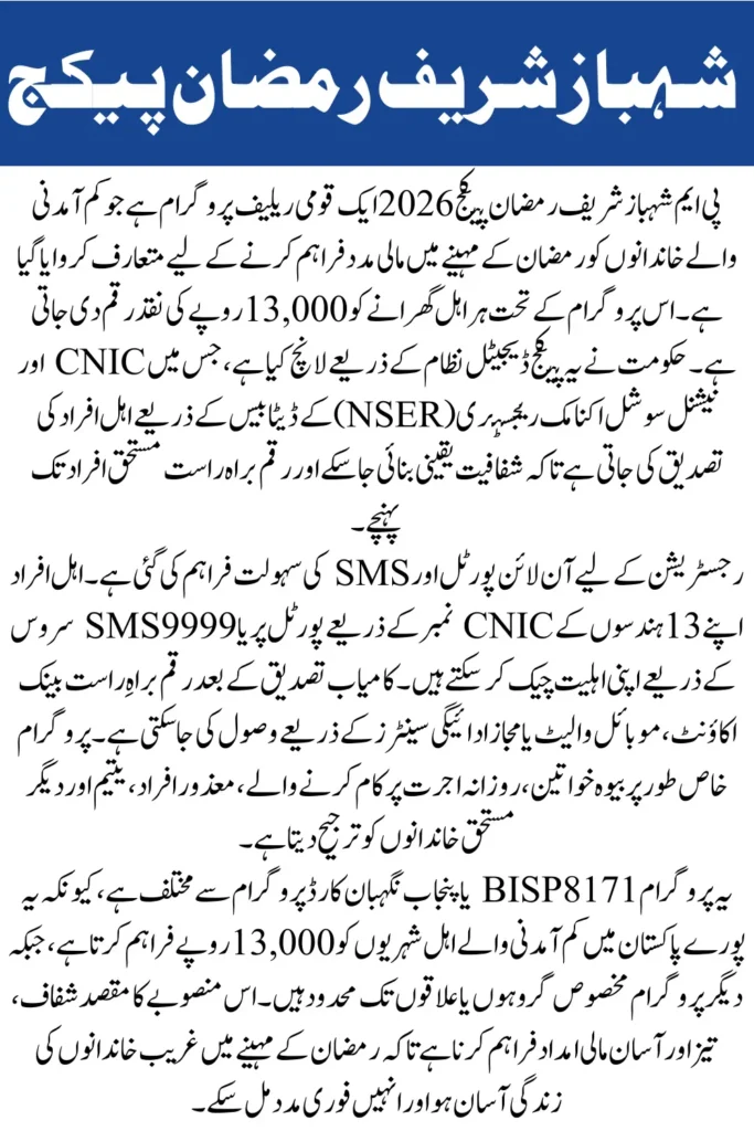 PM Shahbaz Sharif Ramzan Package 2026 Rs 13,000 Online Registration & CNIC Check Guide