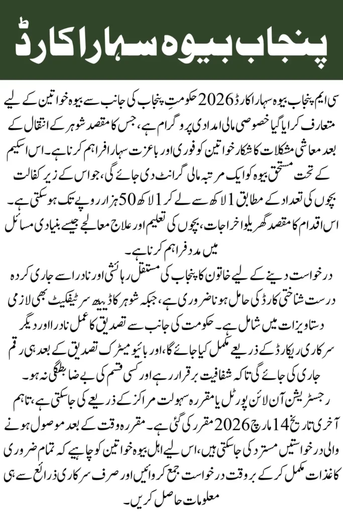 CM Punjab Bewa Sahara Card 2026 Complete Registration Guide, Eligibility & Rs.150,000 Financial Assistance Details