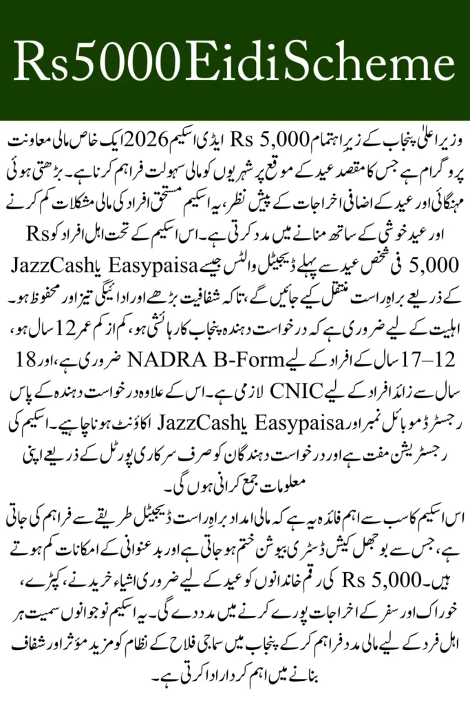 CM Punjab Rs 5000 Eidi Scheme 2026 How to Register and Get Digital Payment