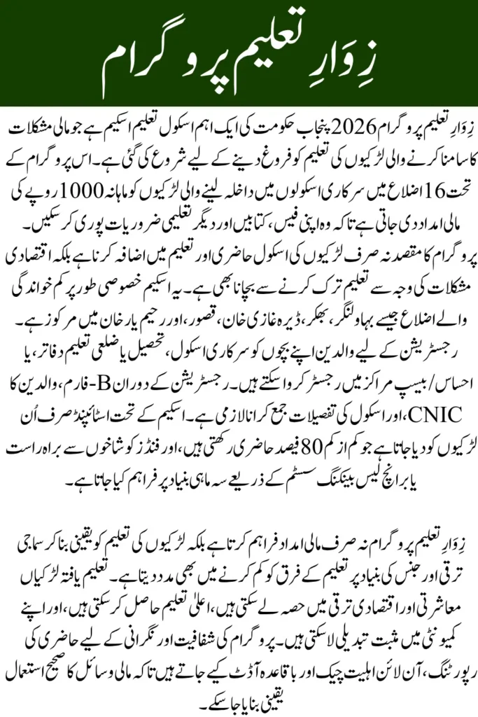 Zewar-e-Taleem Program 2026 Monthly Financial Assistance for Girls’ Education in Punjab